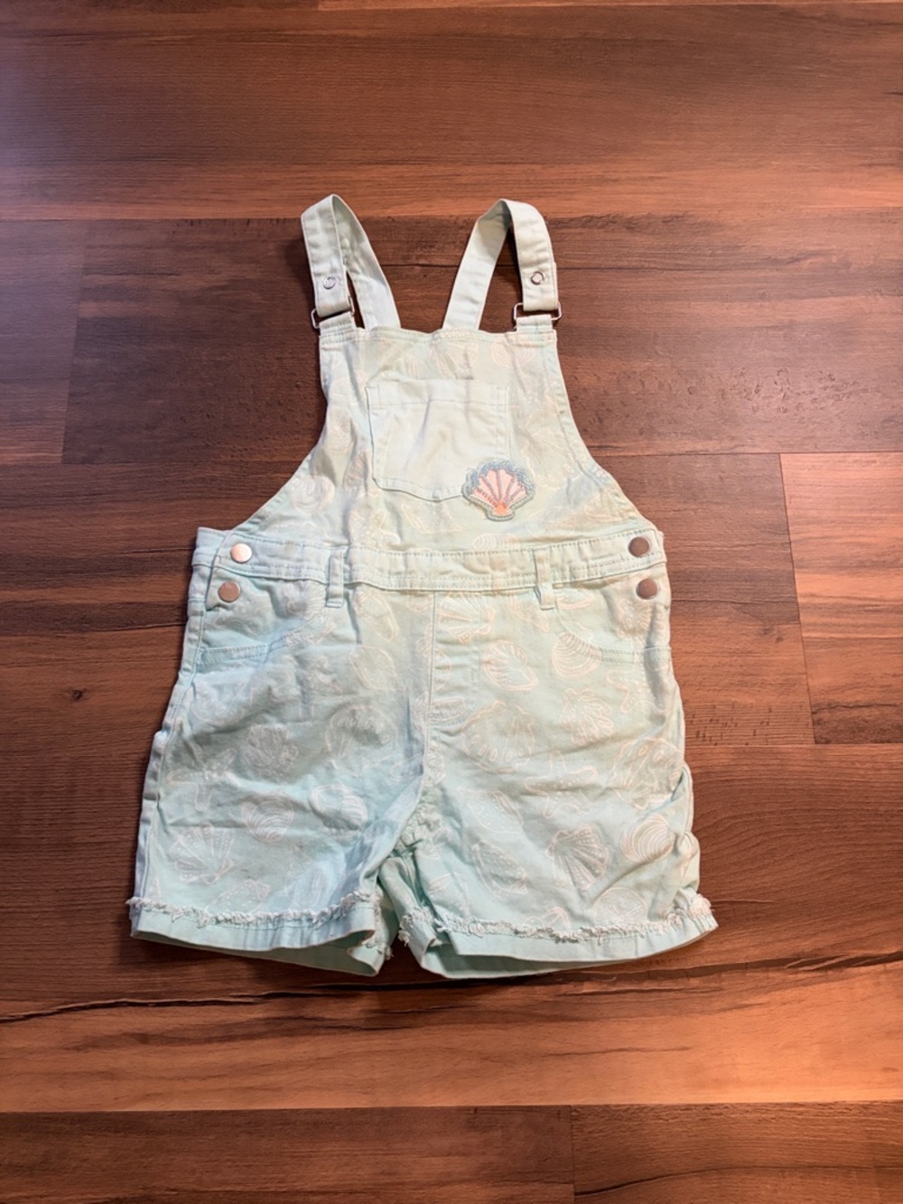 Girls Mint Blue Shell Embroidered Short Overalls Size 7
